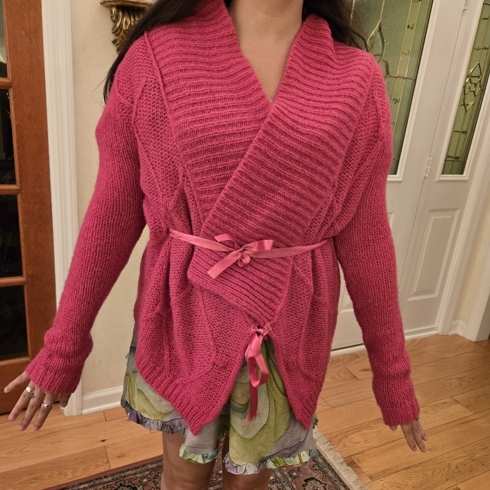 Italian Mohair Cardigan Sweater M Bow Pink Italian Wrap Knit Shawl Collar Ribbed